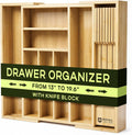 Organizador de cajones para organización de la cocina, organizador de cajones de cubiertos de bambú expandible con bloque de cuchillos extraíble, cubiertos de bambú, organizador de utensilios