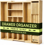 Organizador de cajones para organización de la cocina, organizador de cajones de cubiertos de bambú expandible con bloque de cuchillos extraíble, cubiertos de bambú, organizador de utensilios