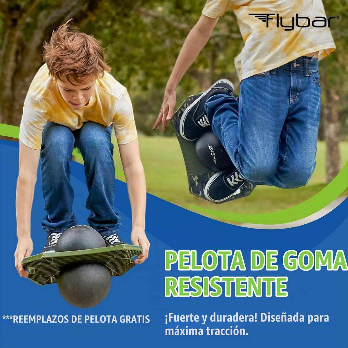 Flybar Pogo - Pelota de truco para niños, tabla de rebote de equilibrio con cubierta antideslizante, bomba incluida, juguetes para interiores y exteriores para niños y niñas, forma divertida de