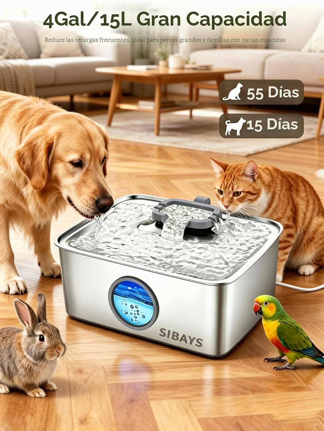 SIBAYS Fuente de agua para perros de 4 galones/15L, fuente de agua para mascotas de gran capacidad de acero inoxidable con luz LED de nivel de agua, dispensador automático silencioso para perros grandes y múltiples mascotas, fácil de limpiar, FS79