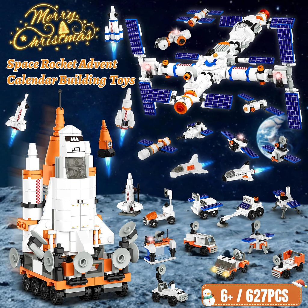 Calendario de Adviento 2026, juego de construcción de cohetes espaciales de Navidad compatible con Lego, bloque de construcción de la estación espacial, cuenta regresiva de 24 días, juguetes