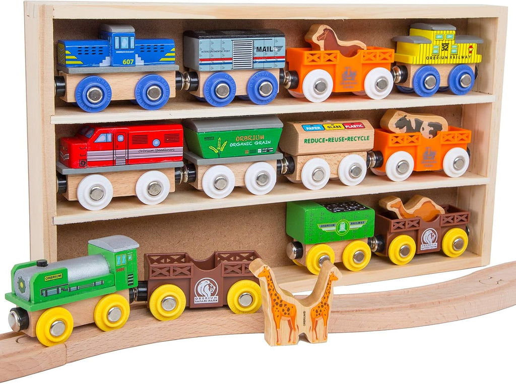 ORBRIUM Juego de trenes de madera, 12 coches y motores magnéticos, colección de 18 piezas, trenes de animales, circo, granja, safari, zoológico, compatible con Thomas Brio Melissa & Doug ferrocarril de madera para niños pequeños