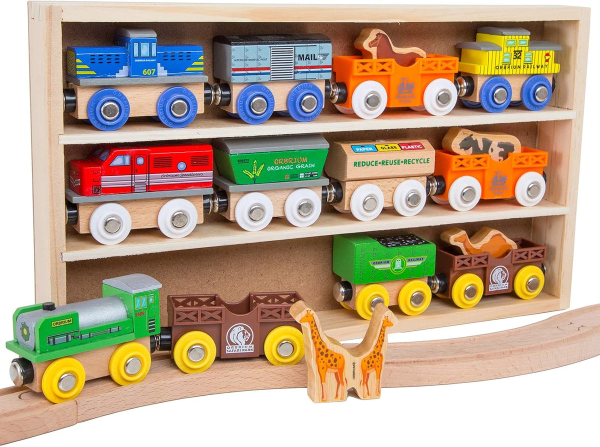 ORBRIUM Juego de trenes de madera, 12 coches y motores magnéticos, colección de 18 piezas, trenes de animales, circo, granja, safari, zoológico, compatible con Thomas Brio Melissa & Doug ferrocarril de madera para niños pequeños