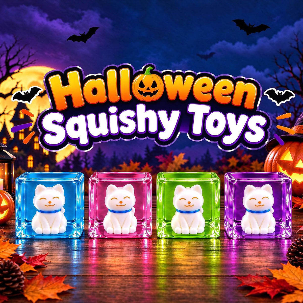 4 juguetes esponjosos de Halloween, cubo de burbujas para apretar, bola antiestrés con gato que brilla en la oscuridad en el interior, juguetes sensoriales de levantamiento lento para niños