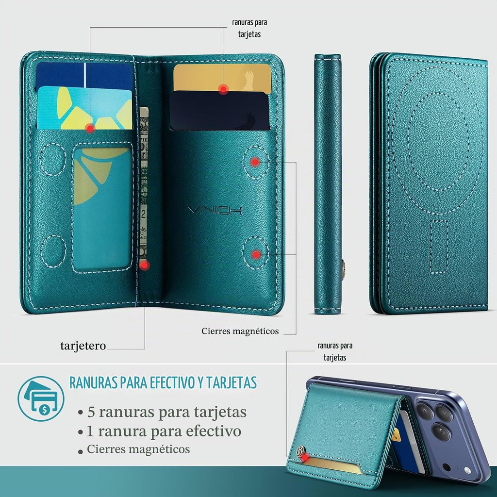 Vinich para Cartera MagSafe Magnética con Bloqueo RFID Compatible con Teléfonos y Fundas MagSafe, Cartera de Teléfono Minimalista con Imán Fuerte para iPhone 17/16/15/14/13/12/Pro/Max/Plus, Verde
