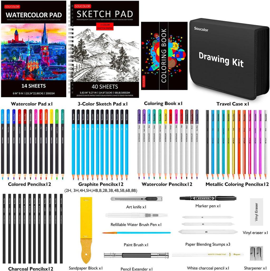 Soucolor Kit de dibujo de 76 piezas de suministros de arte, juego de