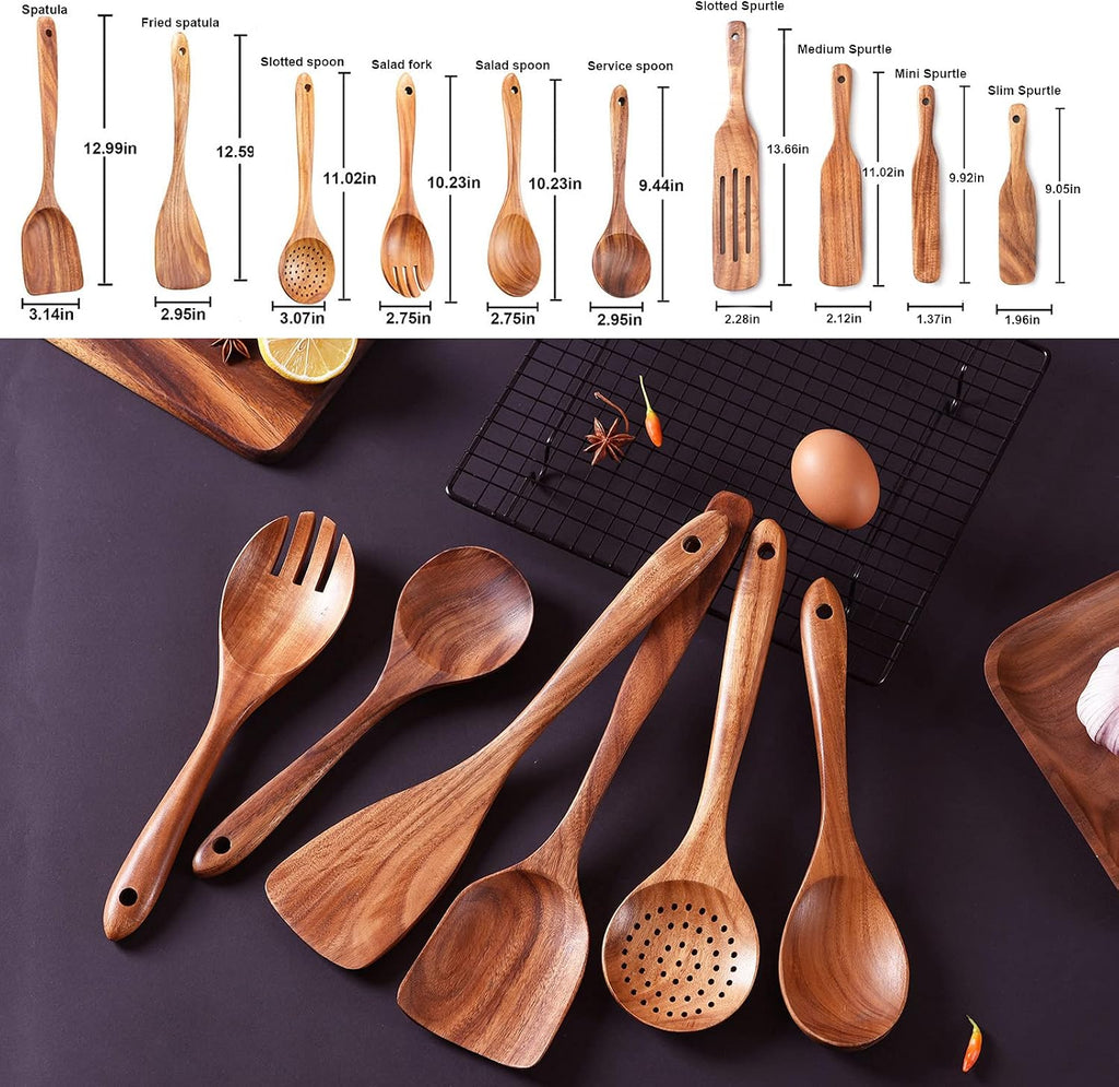Cucharas de madera para cocinar, juego de 10 utensilios de cocina de madera, utensilios de cocina de madera para sartén antiadherente, juego de utensilios de madera de teca, herramientas de