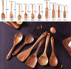 Cucharas de madera para cocinar, juego de 10 utensilios de cocina de madera, utensilios de cocina de madera para sartén antiadherente, juego de utensilios de madera de teca, herramientas de