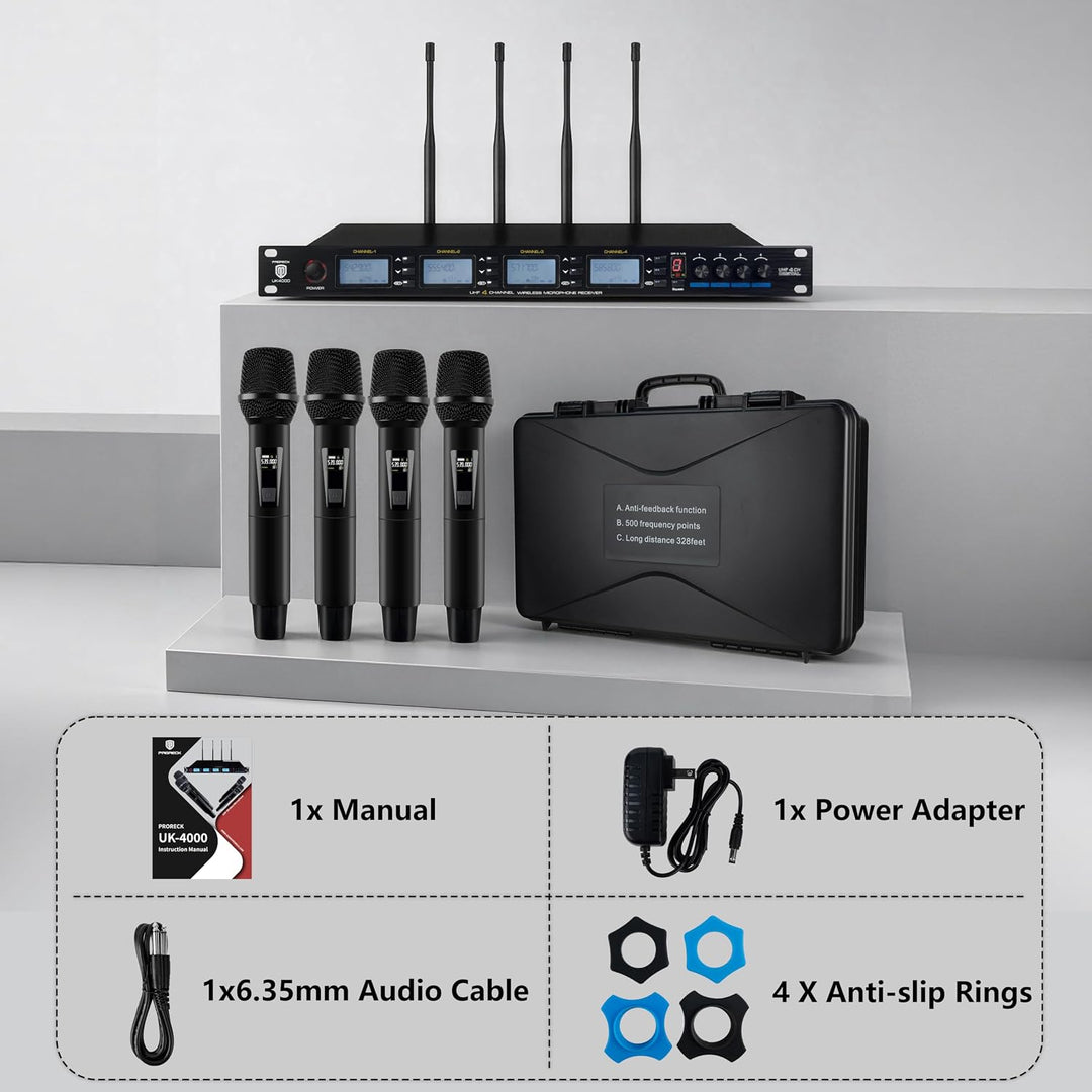 PRORECK UK-4000 UHF Sistema de micrófono inalámbrico de 4 canales c...