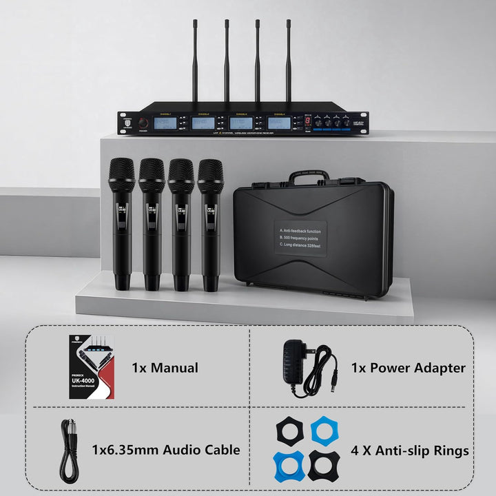 PRORECK UK-4000 UHF Sistema de micrófono inalámbrico de 4 canales c...