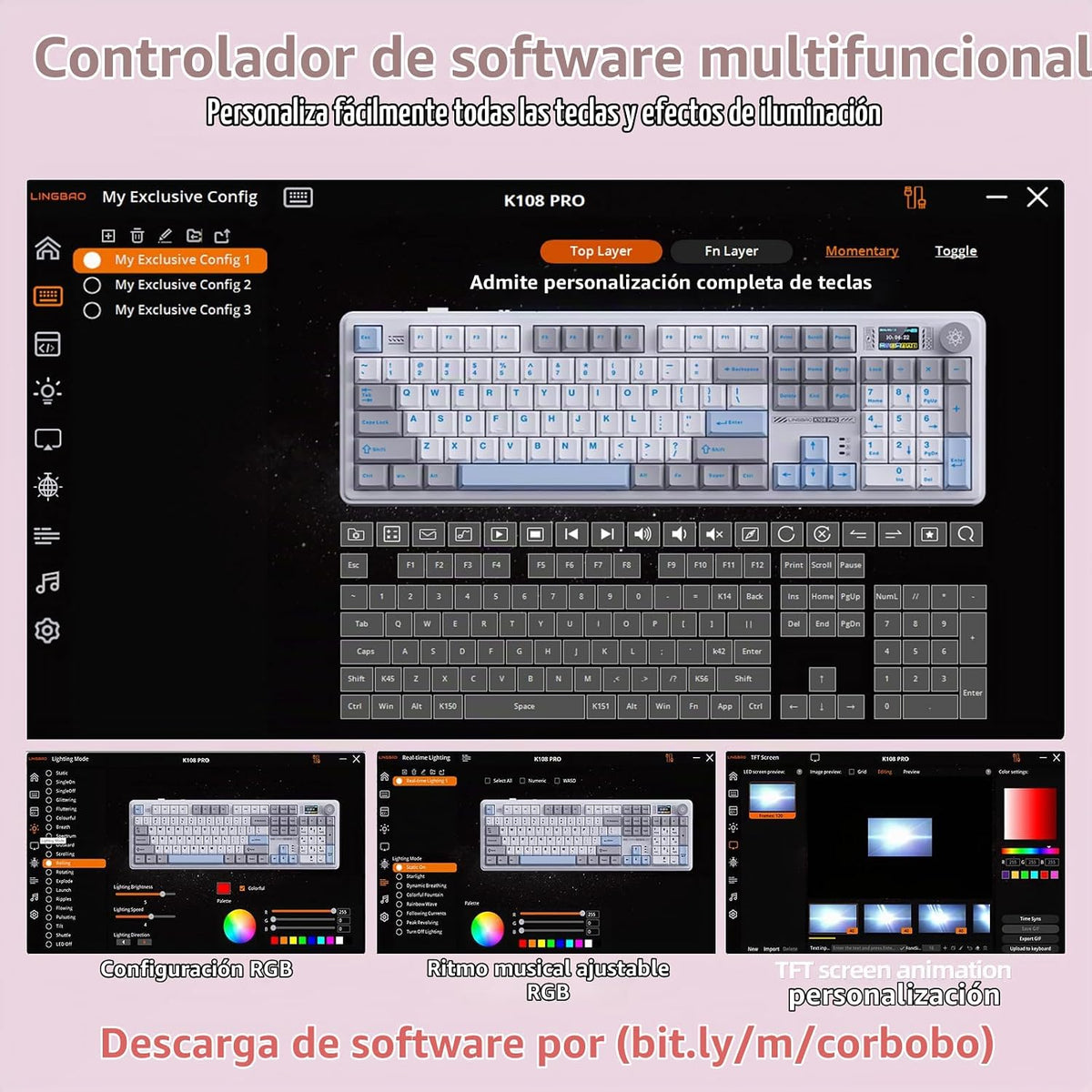 LINGBAO K108 Pro Teclado mecánico inalámbrico cremoso rosa con tecl...
