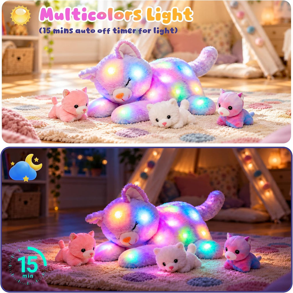 Hopearl Gatito de peluche con luces LED, mamá gato iluminada con 3 gatitos bebé en su barriga, juego de peluches con luces de noche que brillan en la oscuridad para mamá, niños, niñas pequeñas