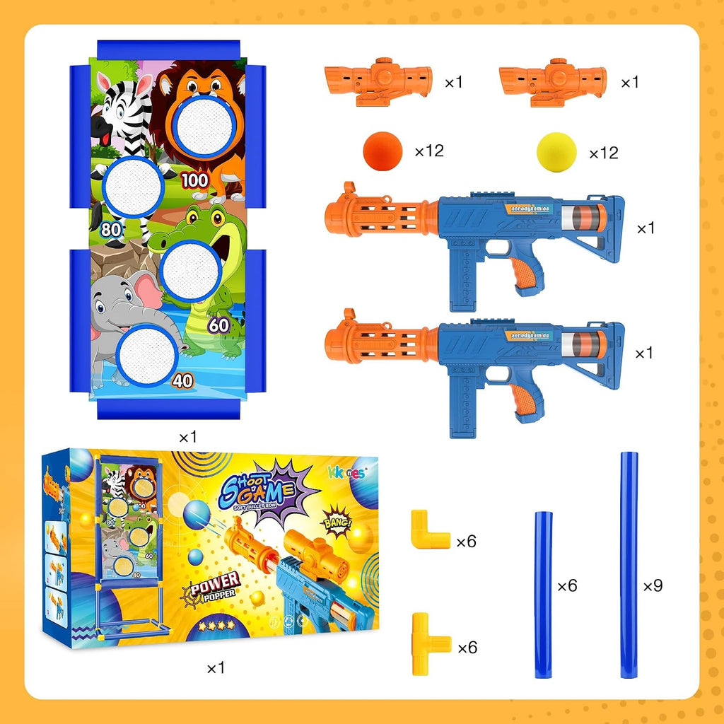 KKONES Juguete de Juego de Disparos para Niños - Pistolas de Aire de Espuma de Juguete para 2 Jugadores, 24 Balas de Espuma Popper y Objetivo de Disparo de Pie, Regalos de Cumpleaños para Niños de 3 4