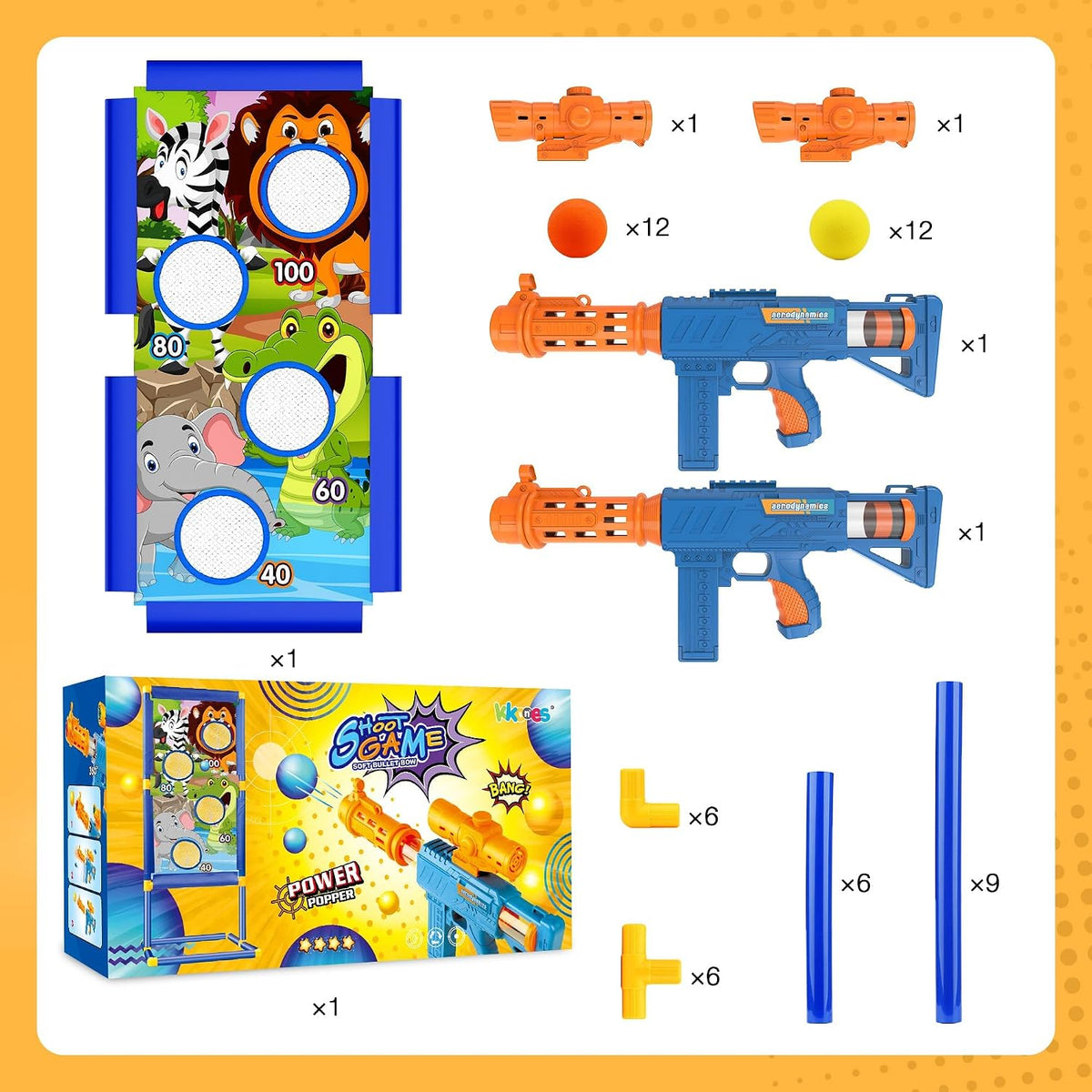 KKONES Juguete de Juego de Disparos para Niños - Pistolas de Aire de Espuma de Juguete para 2 Jugadores, 24 Balas de Espuma Popper y Objetivo de Disparo de Pie, Regalos de Cumpleaños para Niños de 3 4