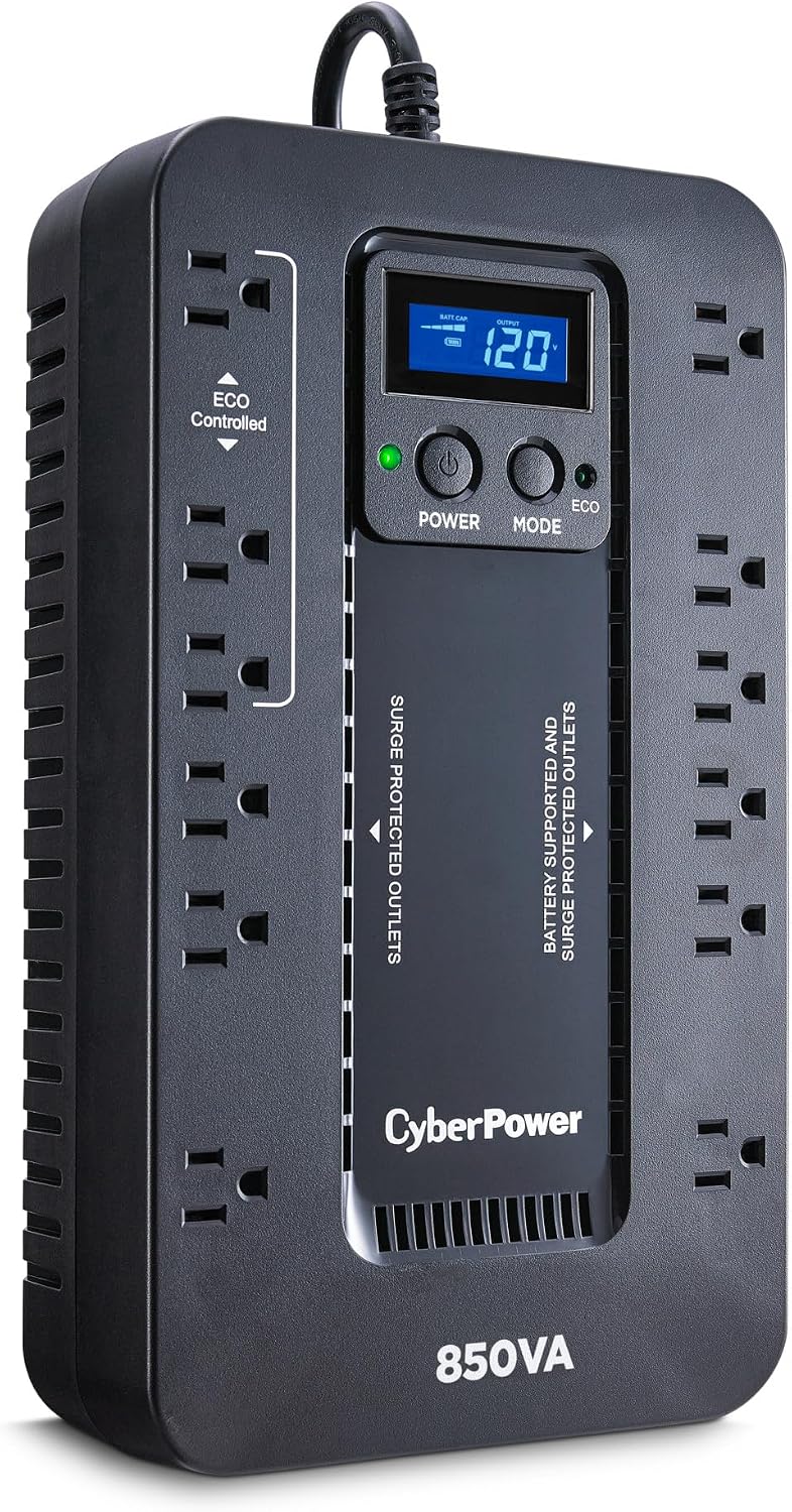 CyberPower EC850LCD - Protector de sobretensiones y respaldo de batería para UPS ecológico