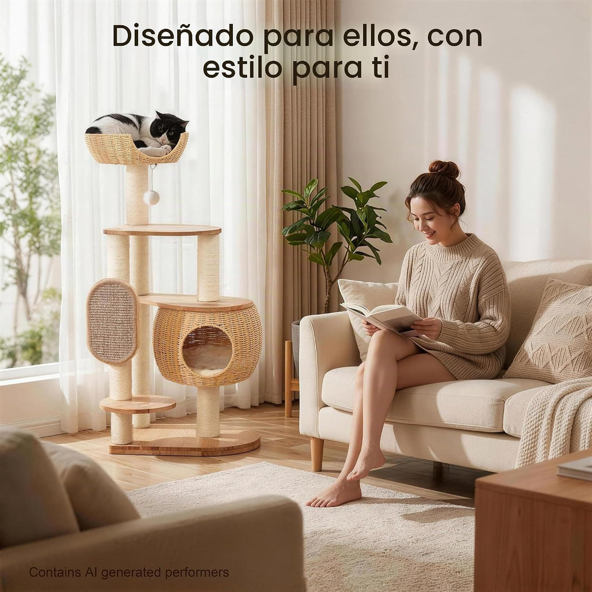 Árbol de gato moderno, torre para gatos con poste rascador, nidos y cestas de calabaza tejidas a mano, manta de sisal