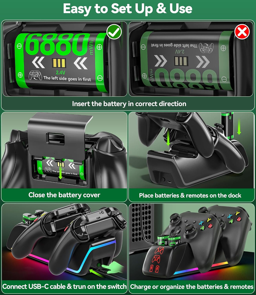 Cargador 4 en 1 para mandos Xbox Series/One X|S, con 4 paquetes de baterías recargables de 6880 mWh, carga controles remotos dobles y baterías simultáneamente, estación de carga cuádruple mejorada