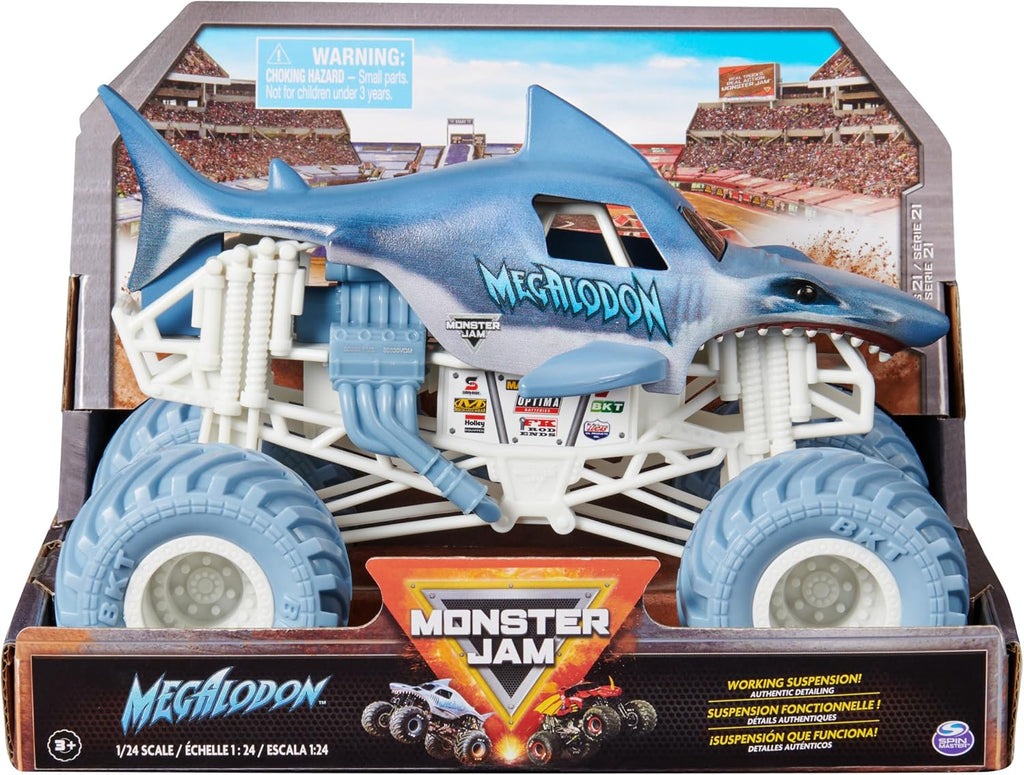Monster Jam Camión monstruo oficial Megalodon - Retro 2017 edición original a escala 1:24 vehículo fundido a presión, llantas cromadas y neumáticos BKT para uso en todos los juegos de juego