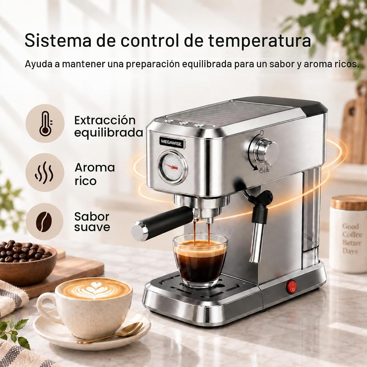 MEGAWISE Máquina de café expreso, cafetera con espumador de leche, cafetera