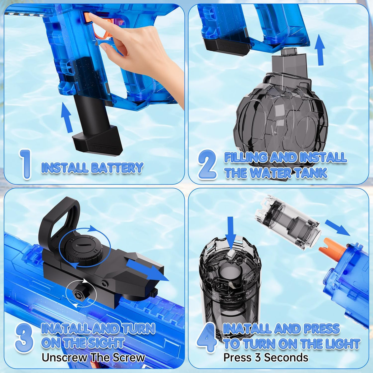 Pistola de agua eléctrica, paquete de 2 unidades para niños y niños, pistola de chorro, pistola de agua, automático con tanque de agua grande de 800 cc, diseño intermitente iluminado, juguete