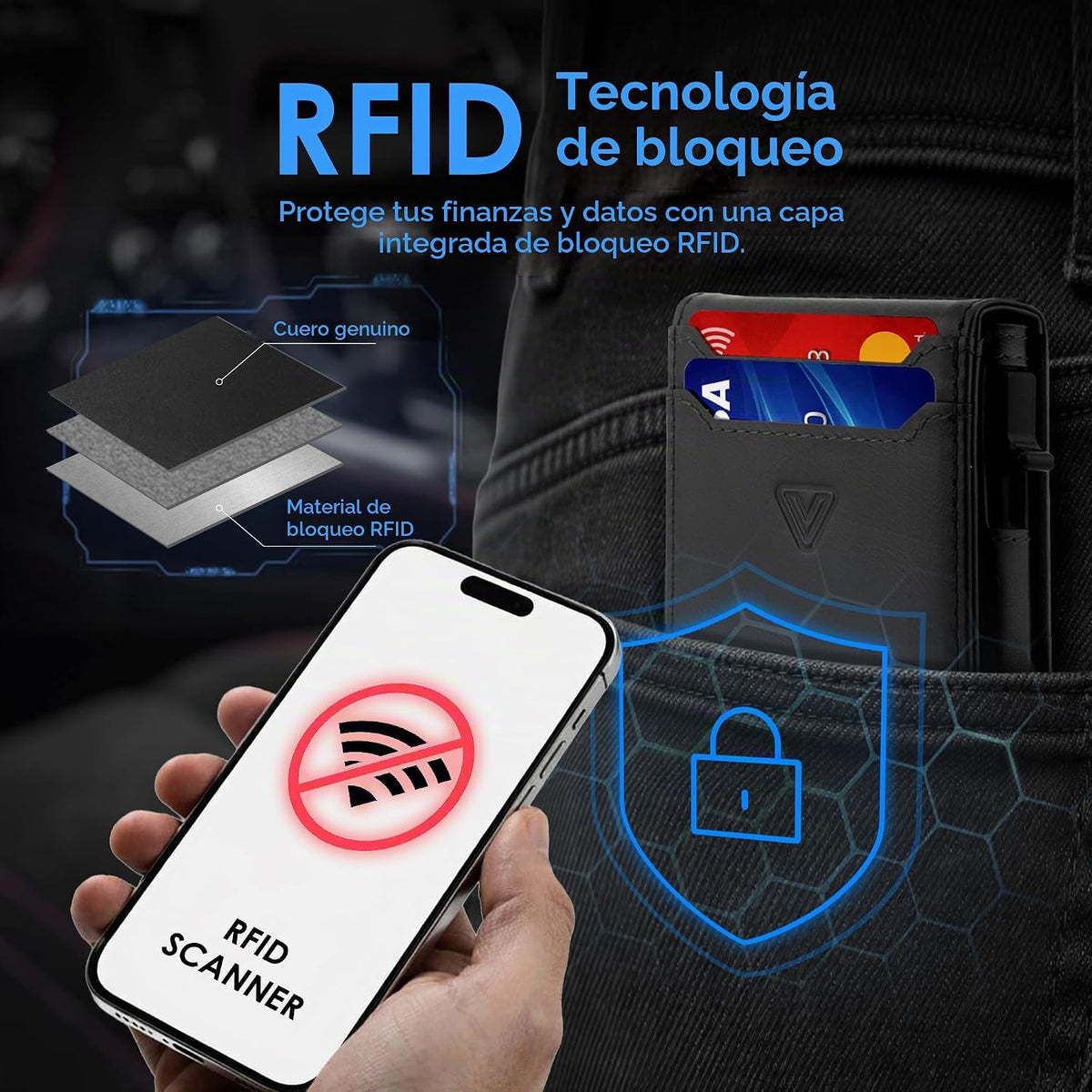 Cartera desplegable de cuero genuino para hombre, soporte delgado y plegable de aluminio con bloqueo RFID, con ventana de identificación, billetera minimalista con bolsillo frontal, con