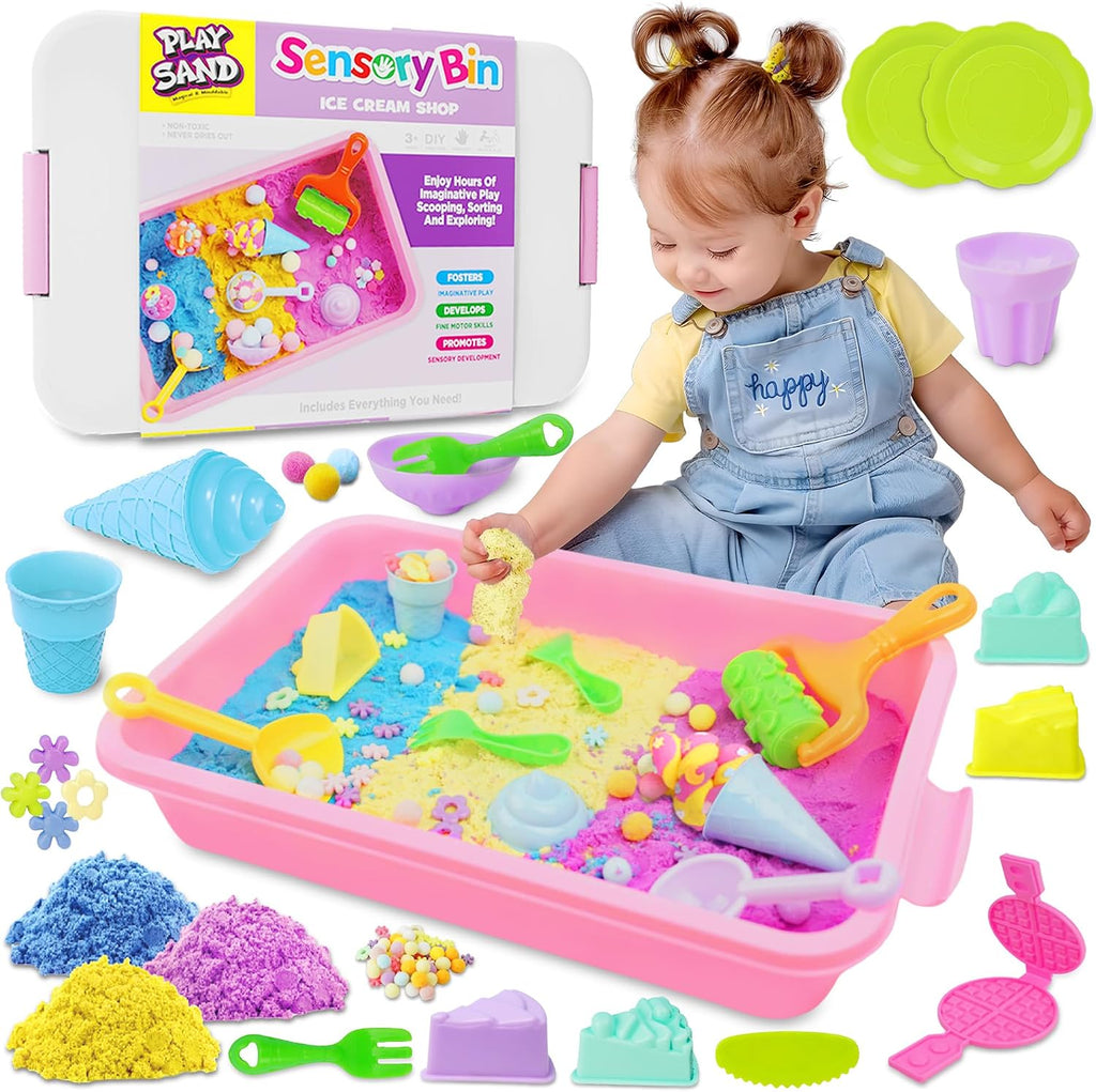 Contenedor sensorial – Juego de hornear y hacer helados con kit de arena de juego de 3.3 libras, moldes para pasteles de gofres y herramientas de arena, tienda de juguetes de helado