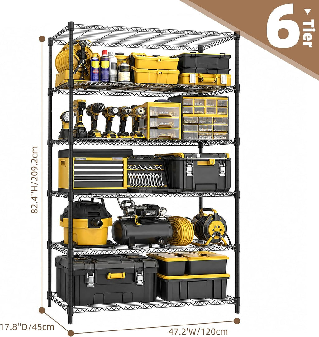 M MZG Estantería de garaje resistente con 6 estantes, estante de almacenamiento ajustable para cocina, lavandería, baño, despensa, capacidad de 2100 libras, color negro, 17.7 x 47.3 x 82.4 pulgadas
