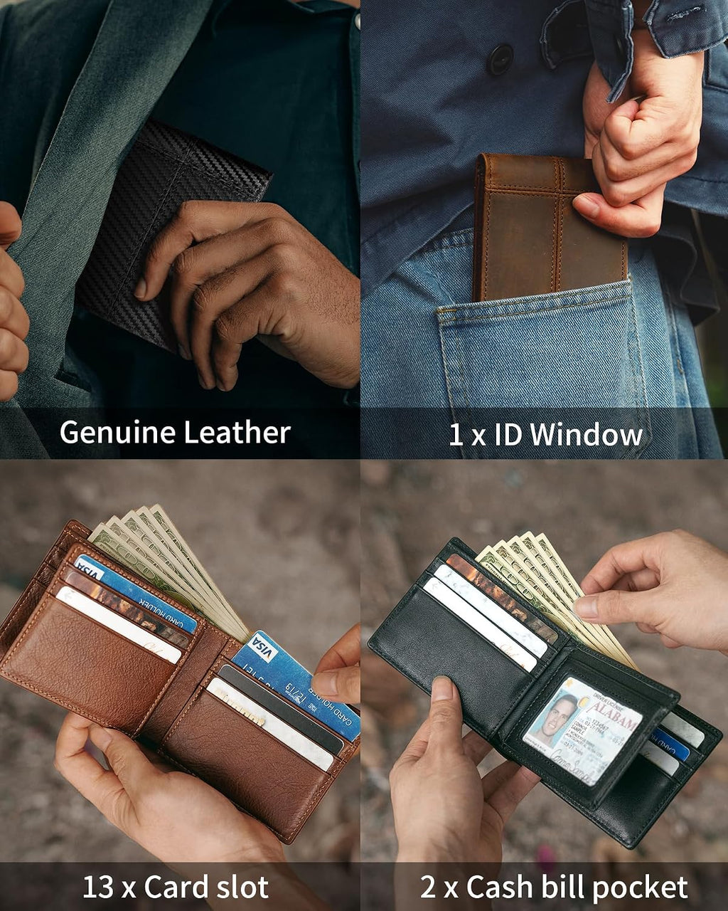 Artpaxy Cartera de cuero genuino plegable con bloqueo RFID para hombre, Marrón oscuro, Classic