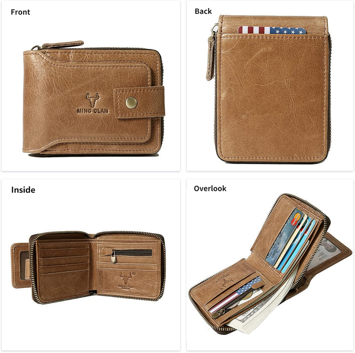 MING CLAN Cartera con cremallera para hombre, piel tabaco, bloqueo...