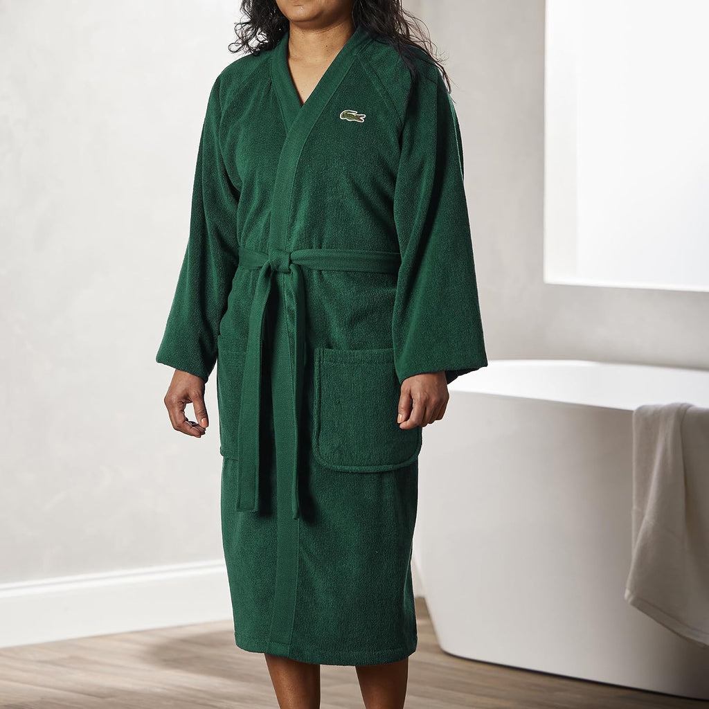 Lacoste Bata de baño clásica de piqué, 100% rizo de algodón suave, bata de baño unisex para adultos, absorbente y de secado rápido, talla única para la mayoría