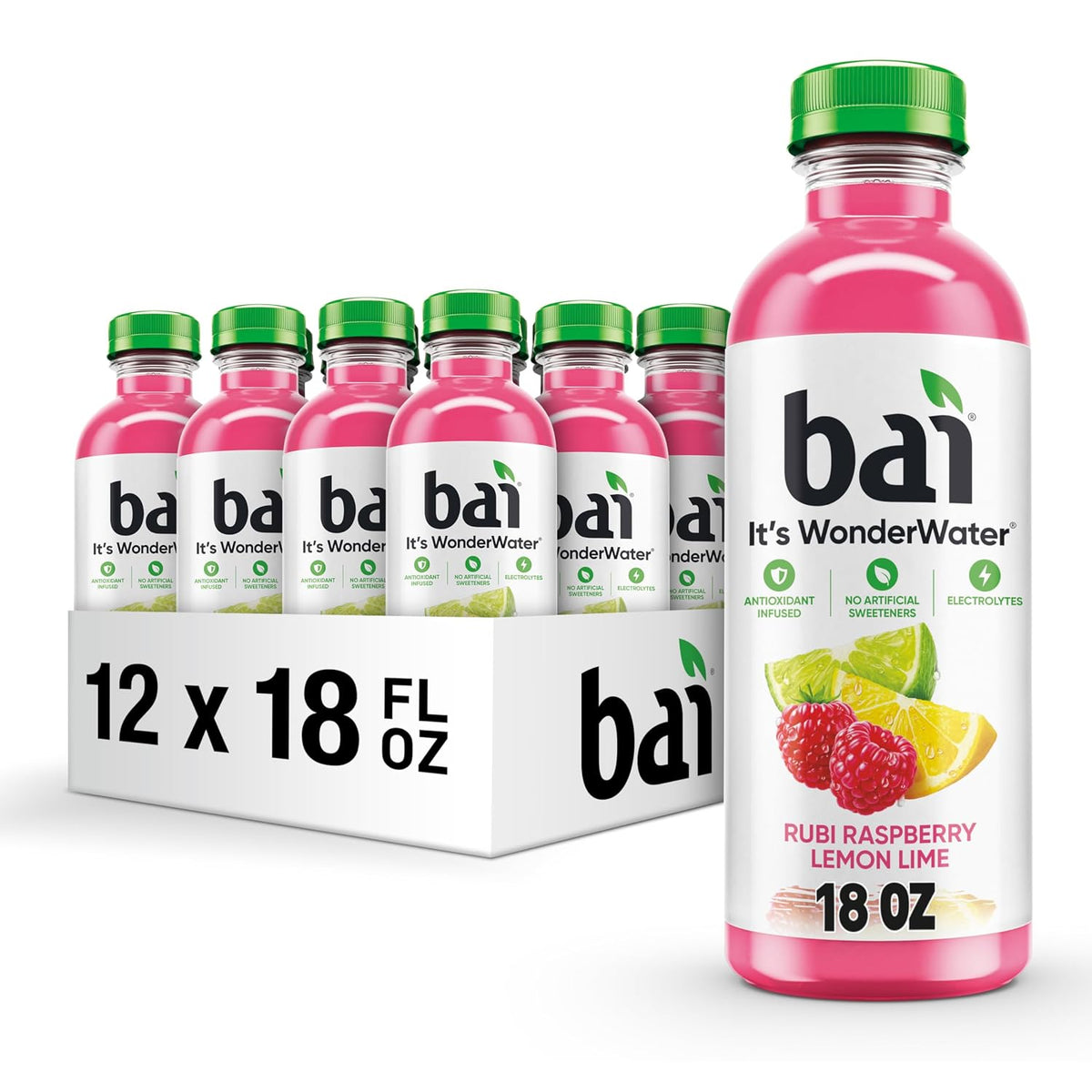 Bai - Bebida de agua infundida con antioxidantes, sabor frambuesa limón lima, con vitamina C y sin edulcorantes artificiales, botella de 18 onzas líquidas, paquete de 12 unidades