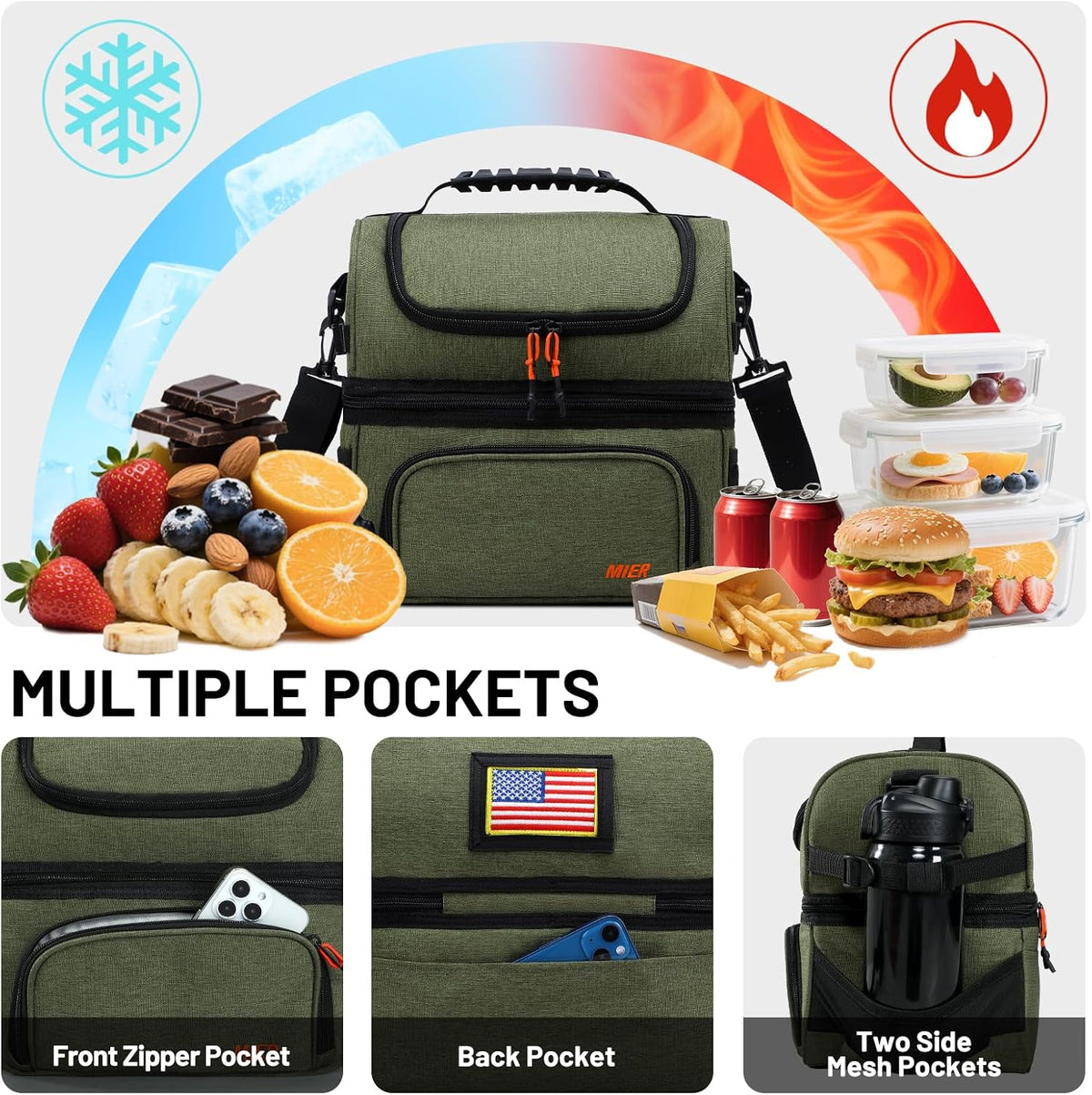 MIER Lonchera para hombre, doble compartimento, bolsa de almuerzo para