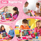 Set de juguete de caja registradora para niños, tienda de juguete para niños pequeños con calculadora real, caja registradora con escáner/tarjeta de crédito/dinero de juguete/comida, juguetes