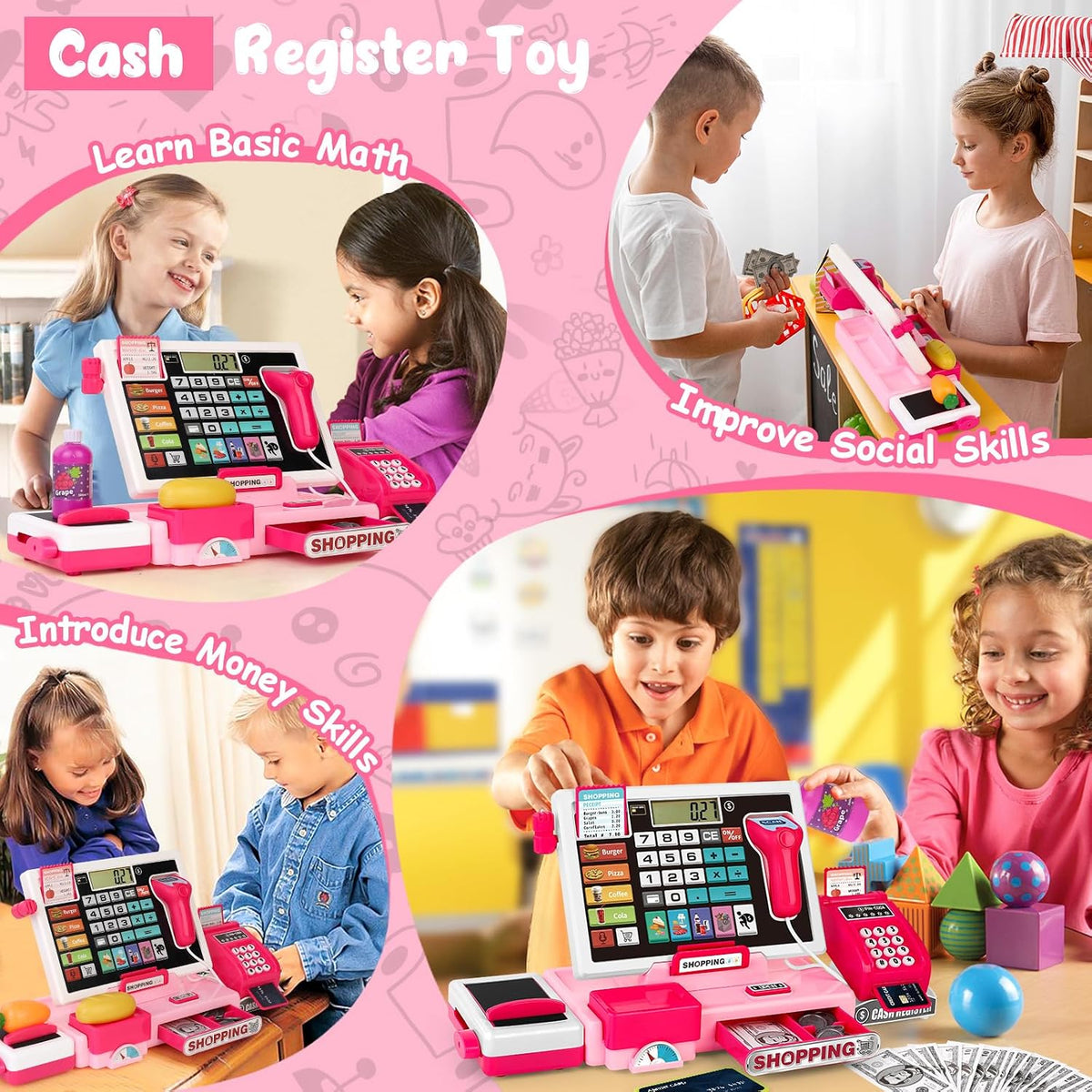 Set de juguete de caja registradora para niños, tienda de juguete para niños pequeños con calculadora real, caja registradora con escáner/tarjeta de crédito/dinero de juguete/comida, juguetes