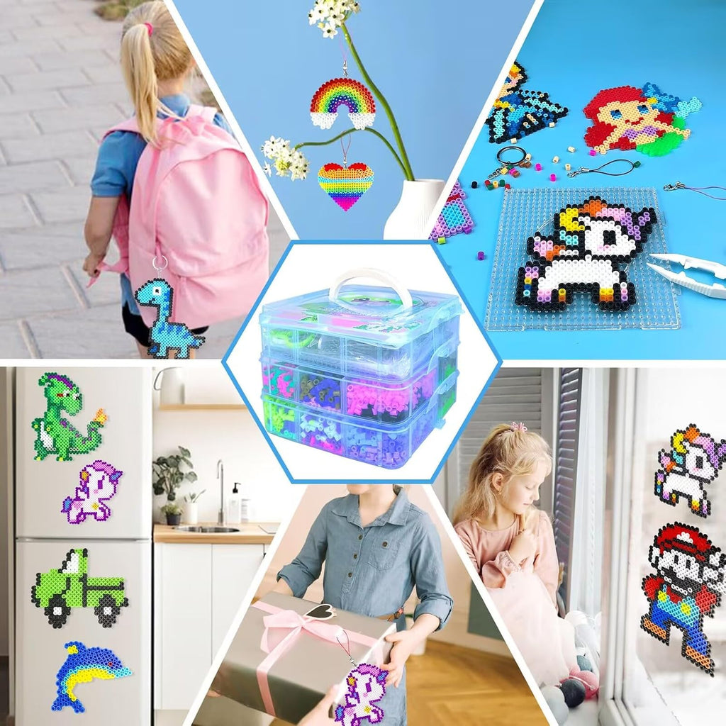 Kit de Cuentas Fusibles para Niños - 11000 Cuentas Fusibles, 20 Colores, 5mm, Juego de Manualidades con Caja de Almacenamiento, Tableros de Conexión, Papel de Planchado y Accesorios, Juguetes y