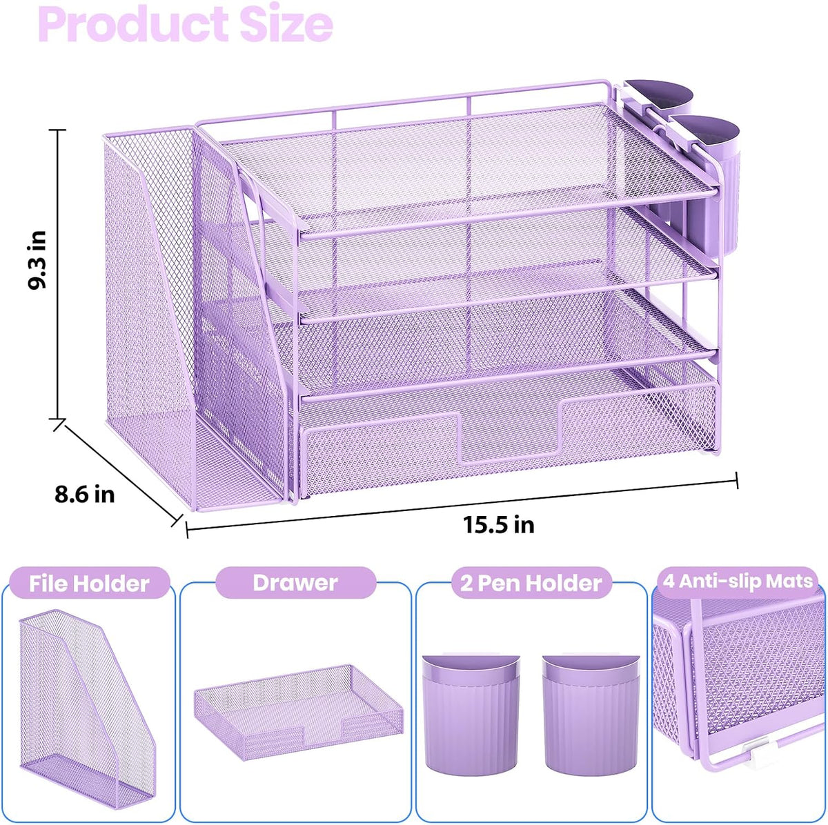 Organizador de escritorio, organizador de archivos de escritorio de 4 niveles con cajón y soportes para bolígrafos, accesorios de escritorio de oficina, clasificadores de archivos, organizadores de espacio de trabajo para suministros de oficina (morado)