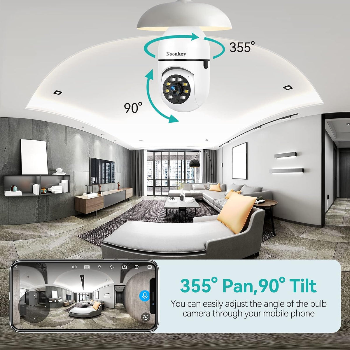 Noonkey Cámara de seguridad de bombilla de 3 MP y extensor de enchufe de luz, cámaras de seguridad WiFi con Alexa, seguimiento humano automático, alarma de detección de zonas de movimiento, visión