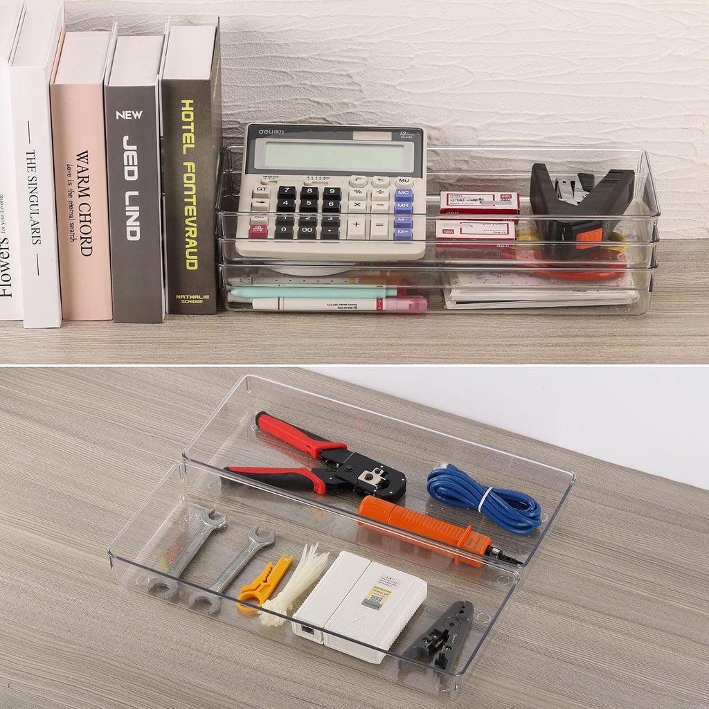 6 bandejas organizadoras grandes de plástico transparente de 15 x 6.3 pulgadas con 25 almohadillas antideslizantes para maquillaje, joyas, utensilios de cocina, baño y oficina