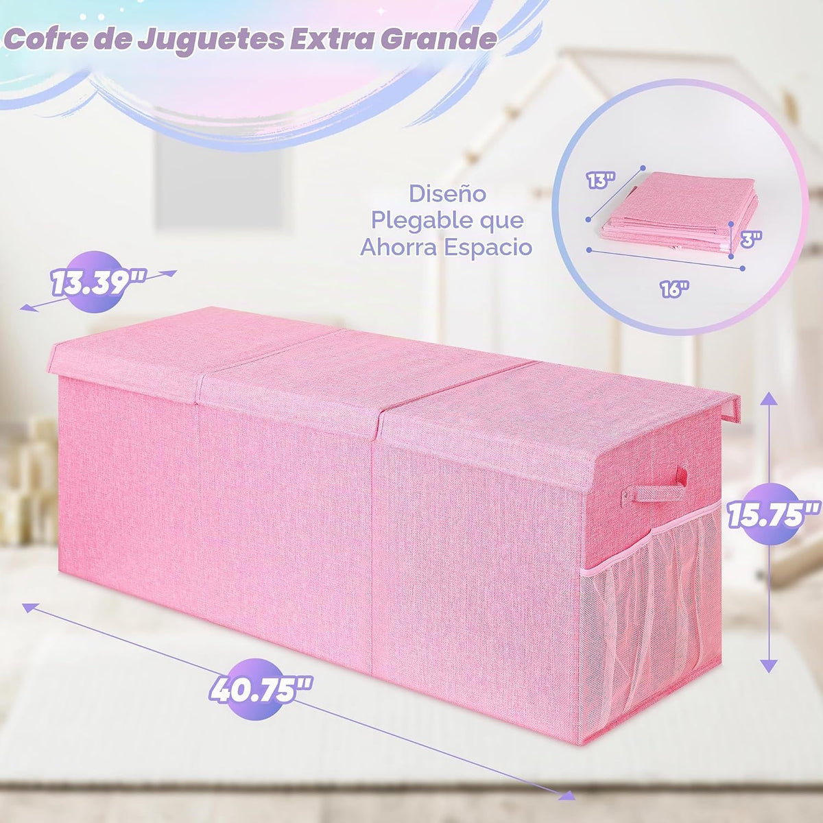 Caja de juguetes extra grande con tapa, cofre de almacenamiento plegable, 40"x16"x16" Rosado