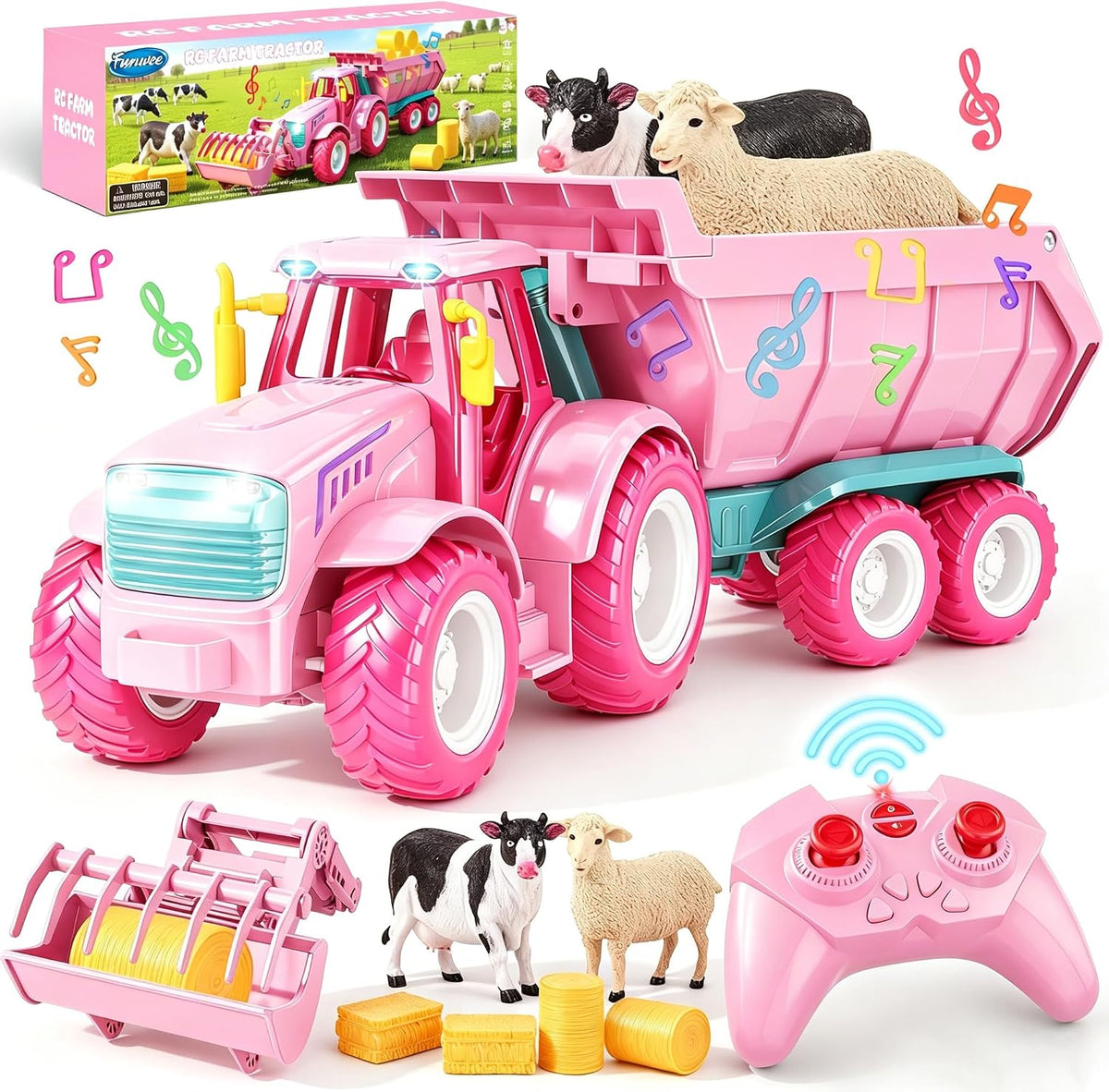 Juego de juguete de tractor de granja RC con cargador, remolque y