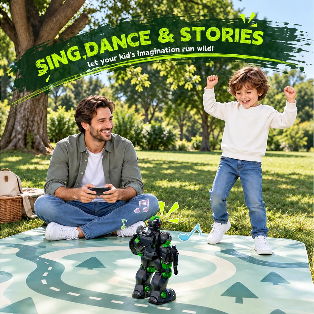 STEMTRON Robot de juguete para niños, robot programable de control remoto con detección inteligente de gestos, recarga, modo de canto y baile, lanzador (verde)