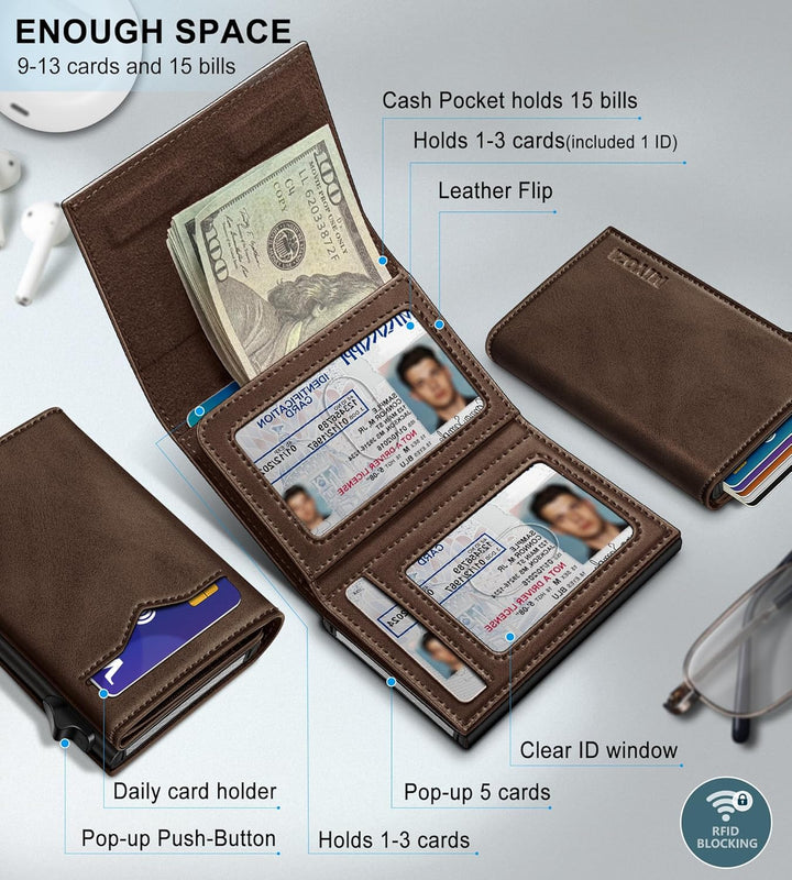 Miyozi Cartera para hombre, con bolsillo para billetes, 2 ventanas...