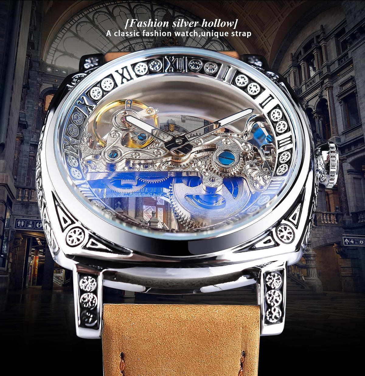 FORSINING Reloj mecánico de talla cuadrada de lujo para hombre, tótem retro de doble cara, esqueleto hueco de doble cara, reloj de pulsera con correa de cuero vintage para hombre
