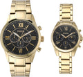 Conjunto de regalo de reloj de acero inoxidable con cronógrafo para él y ella, tono dorado