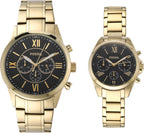 Conjunto de regalo de reloj de acero inoxidable con cronógrafo para él y ella, tono dorado
