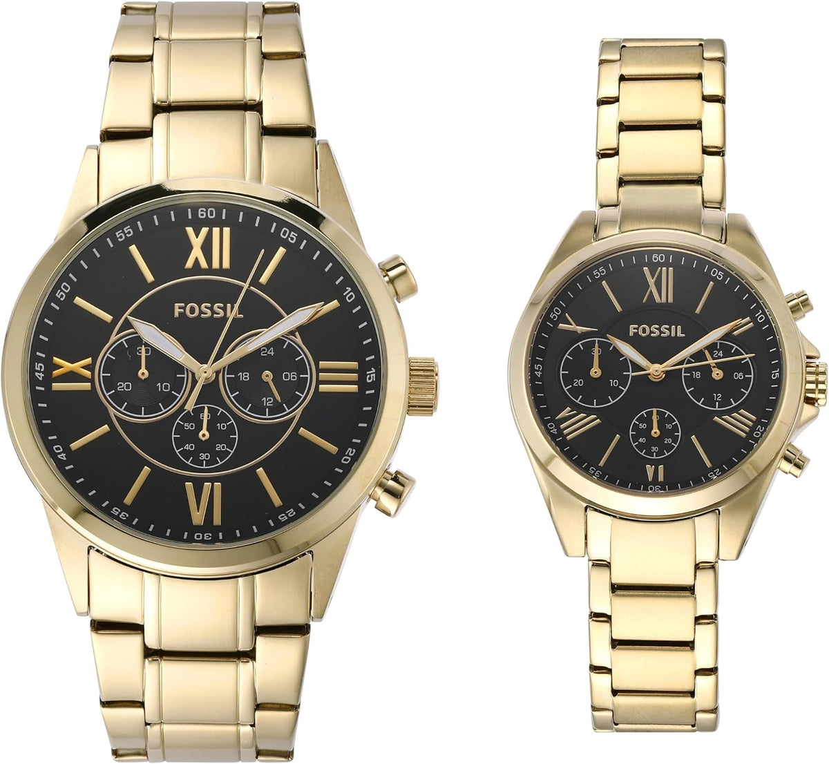 Conjunto de regalo de reloj de acero inoxidable con cronógrafo para él y ella, tono dorado