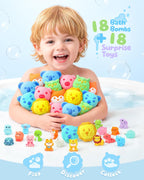 Paquete de 18 bombas de baño en forma de animal para niños con sorpresa en el interior, 6 bonitos diseños de animales, aceites esenciales orgánicos y fórmula segura para niños