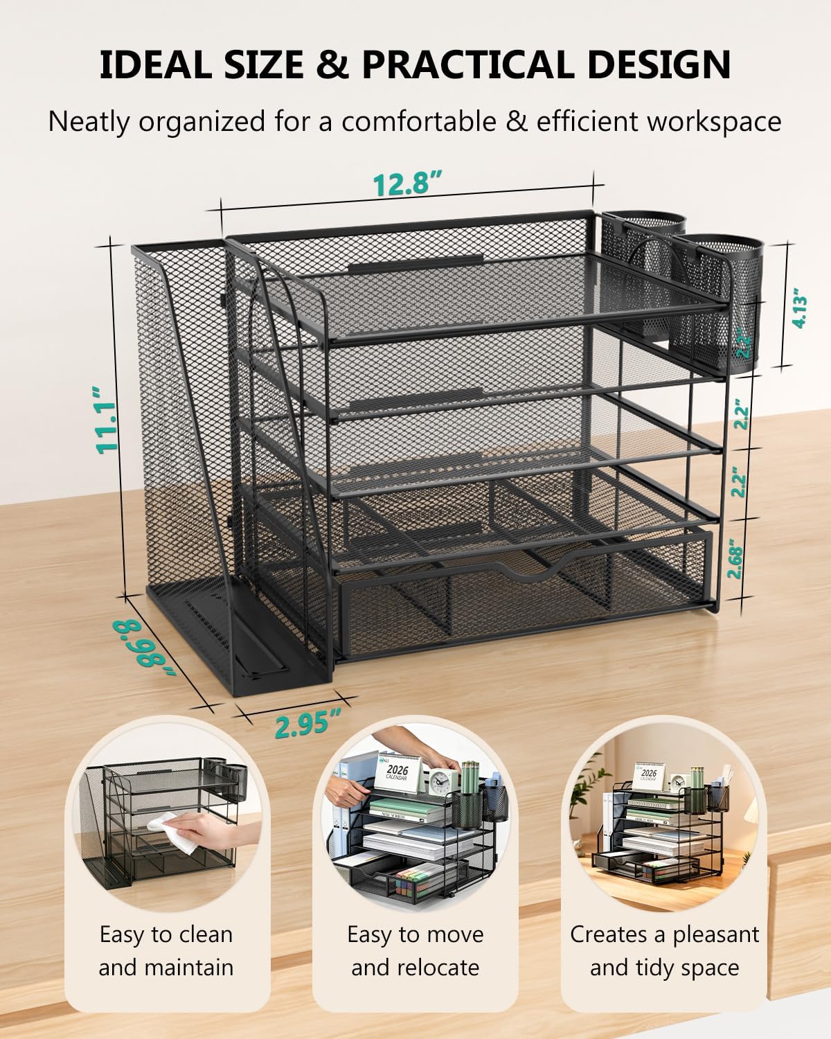 WALI Organizador de archivos de escritorio, organizador de 5 niveles con cajón y 2 soportes para bolígrafos, accesorios de escritorio de oficina y organizadores de espacio de trabajo para oficina