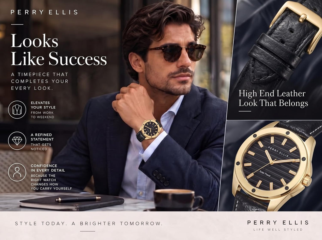 Perry Ellis Reloj para hombre con energía solar, reloj analógico de cuero vegano resistente al agua para hombre, caja de 1.654 in, relojes para hombre, regalo elegante para hombre