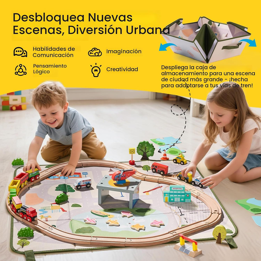 Tiny Land Juego de tren de madera de 110 piezas con caja de almacen...